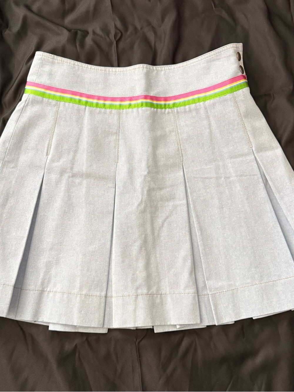 Tailor New York Light Blue Gray Pleated Midi Skirt with Neon Pink & Lime Trim